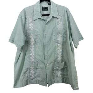 Haband XL Guayabera Shirt Mint Green Striped Embroidered 4-Pocket Mens